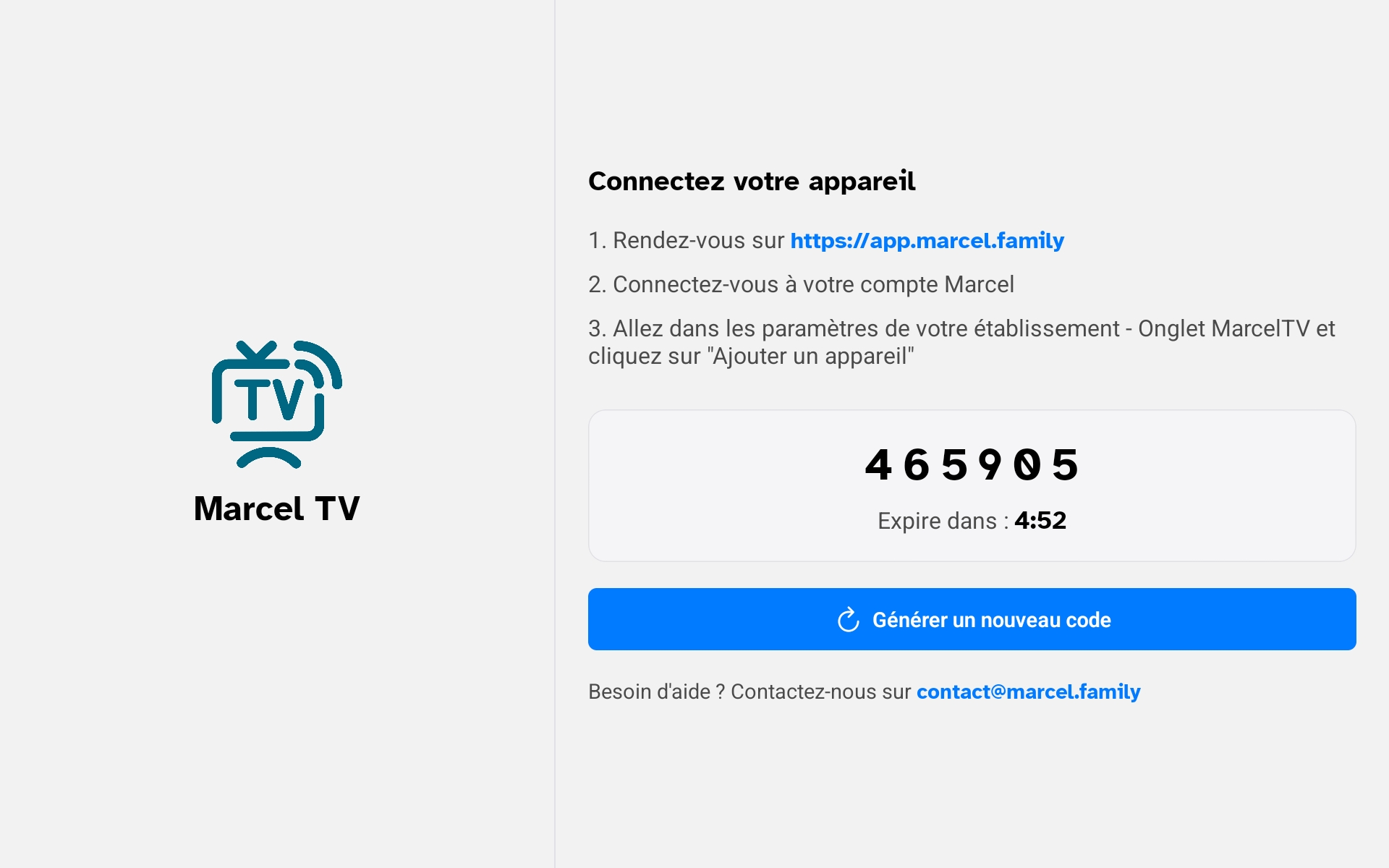 Écran de connexion MarcelTV avec code d'activation 6 chiffres