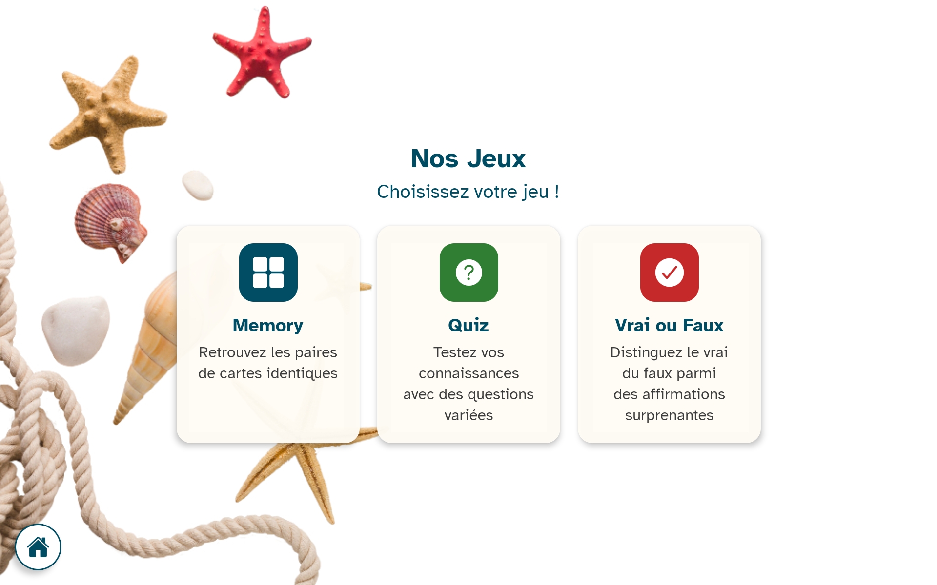 Section Jeux de la tablette Marcel TV avec Memory Quiz Vrai ou Faux