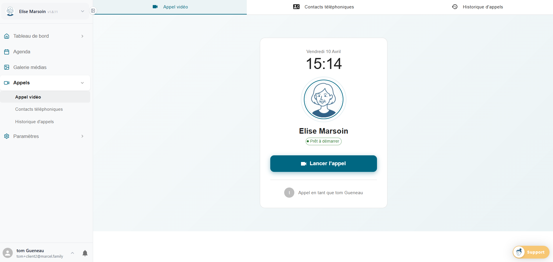 Interface appel vidéo Marcel avec bouton Lancer l'appel