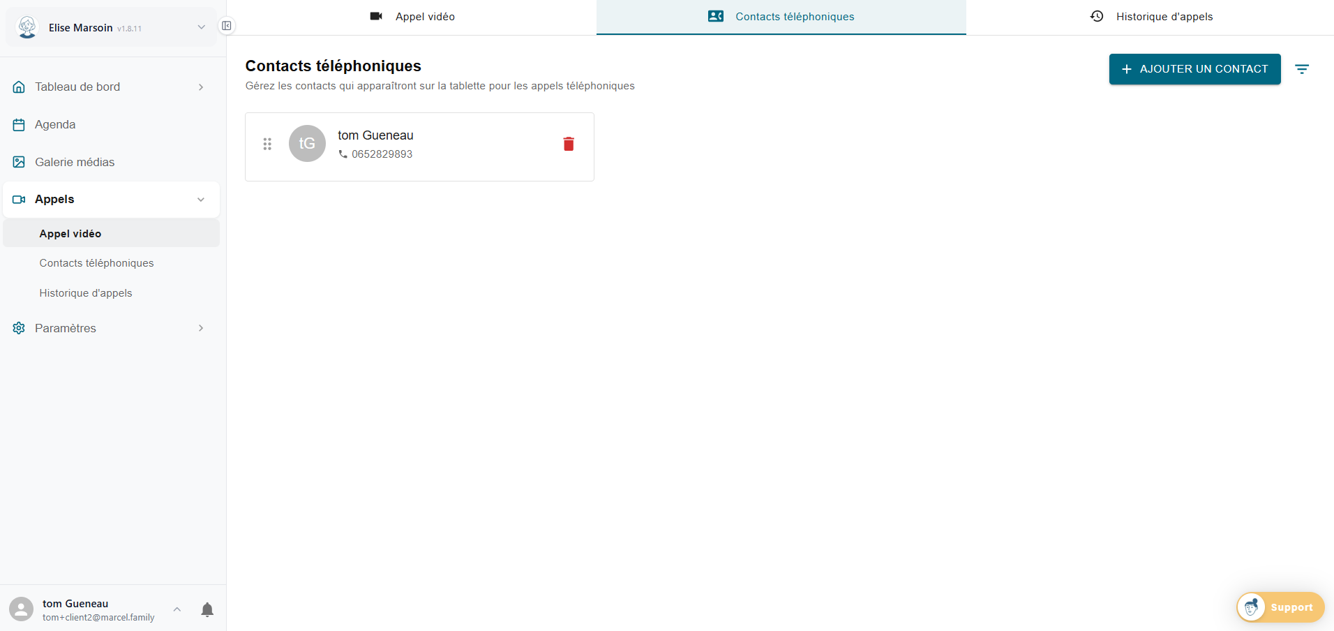 Contacts téléphoniques Marcel - liste et bouton ajouter un contact