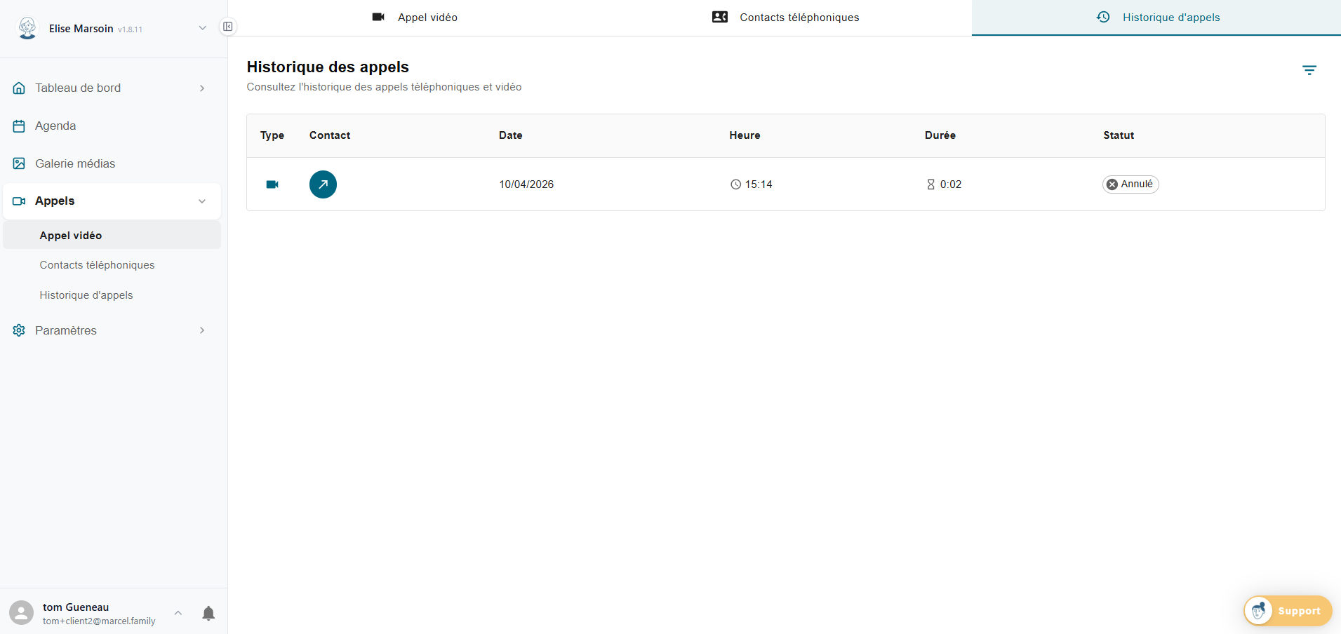 Historique des appels Marcel avec colonnes type contact date durée statut