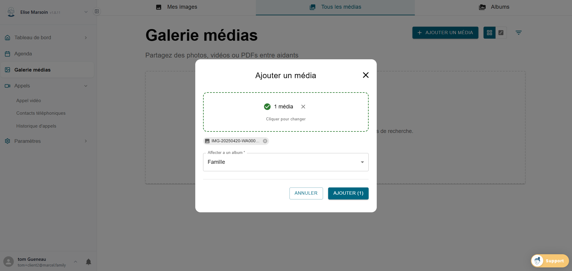 Fenêtre ajout d'un média dans la galerie Marcel avec sélection album