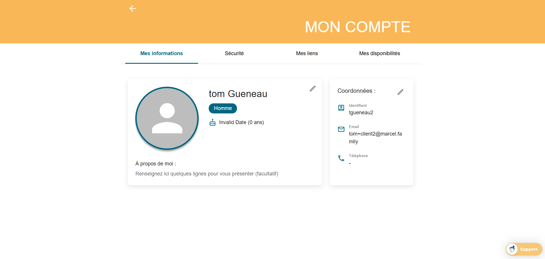 Mon compte Marcel - onglet Mes informations