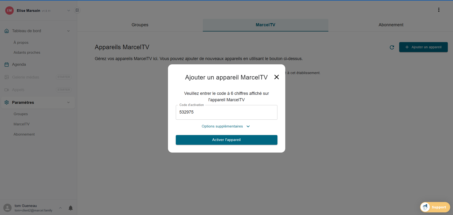 Fenêtre d'ajout d'un appareil MarcelTV avec champ code d'activation