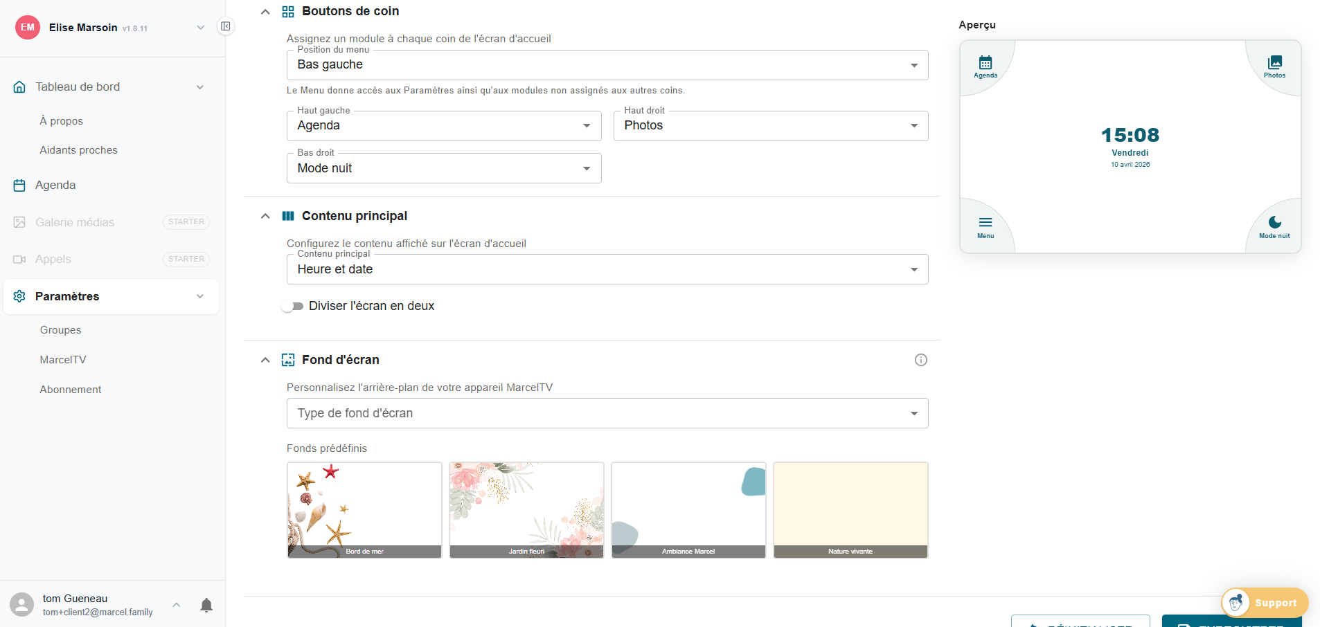 Design de l'écran MarcelTV - boutons de coin contenu principal fond d'écran