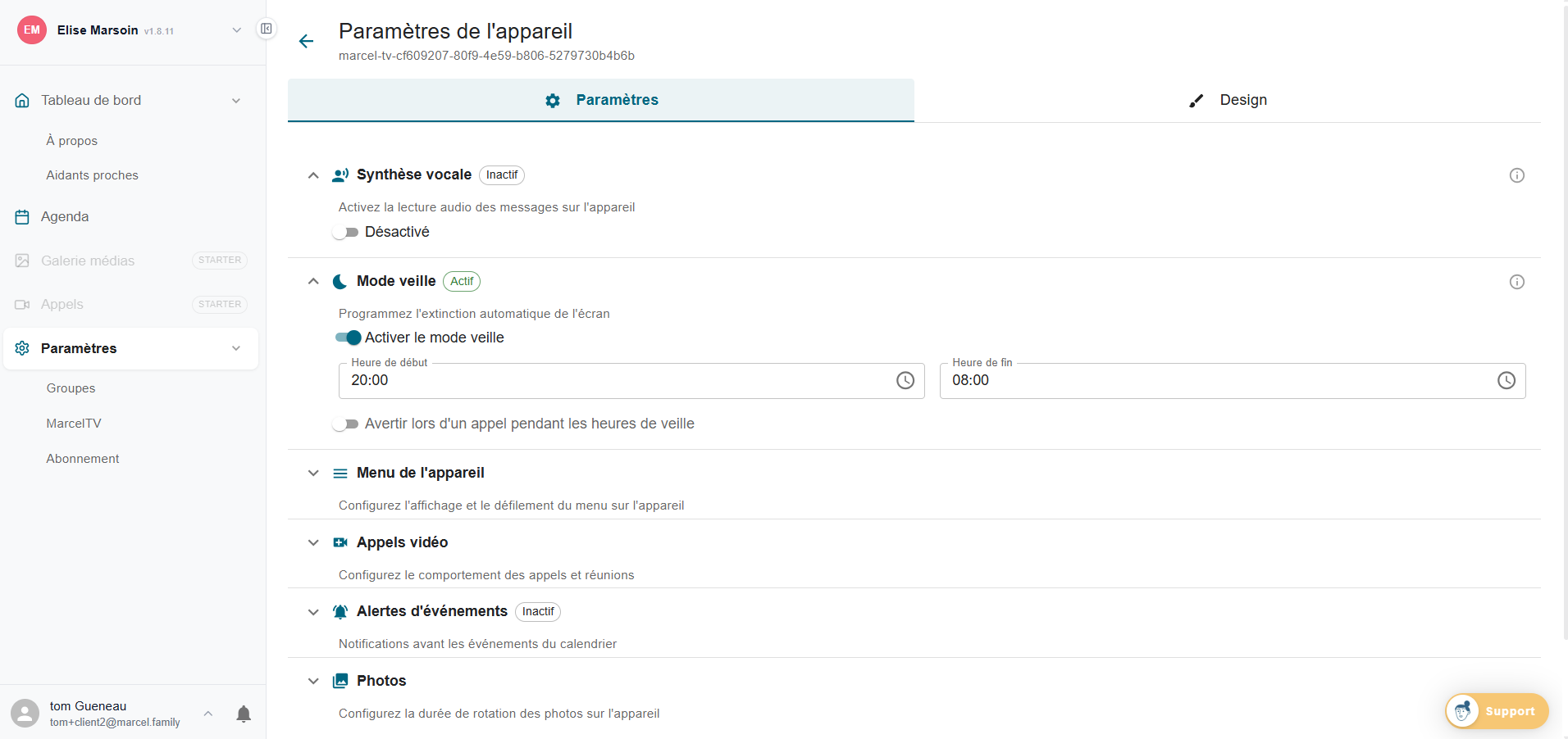 Paramètres de l'appareil MarcelTV - synthèse vocale mode veille menu appels