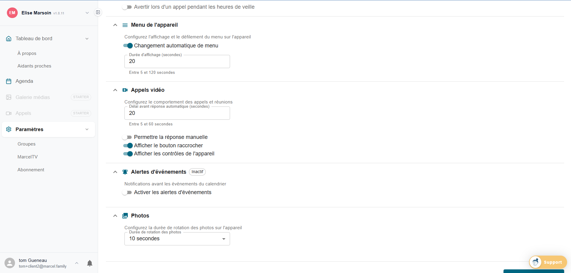 Paramètres MarcelTV avec sections menu et appels vidéo détaillés