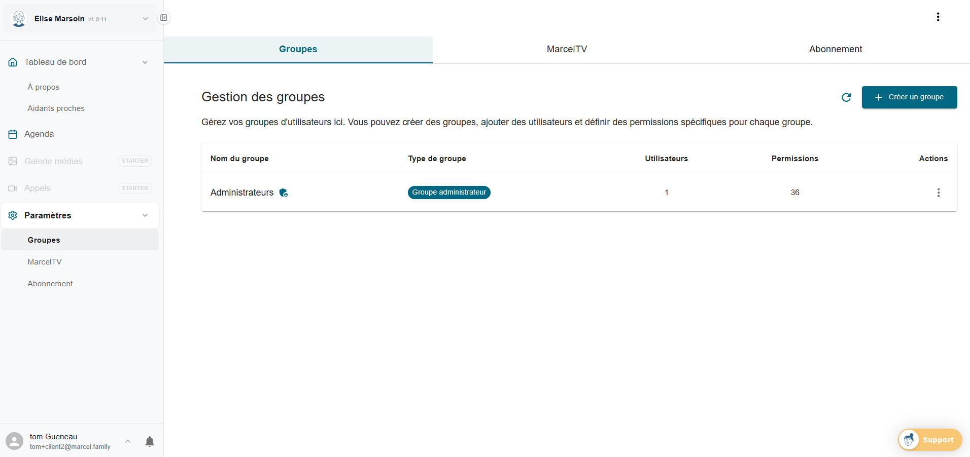 Gestion des groupes dans les paramètres Marcel