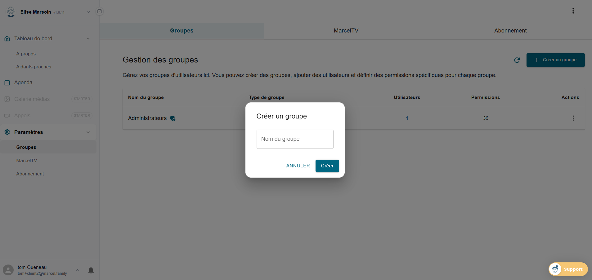 Fenêtre création d'un groupe Marcel