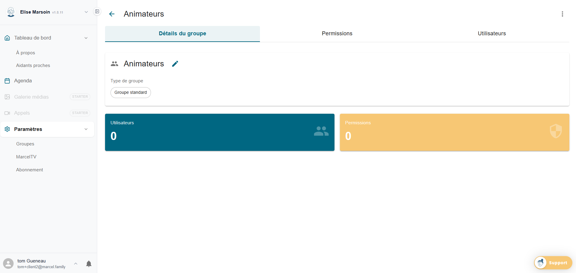 Détails d'un groupe Marcel avec compteurs utilisateurs et permissions