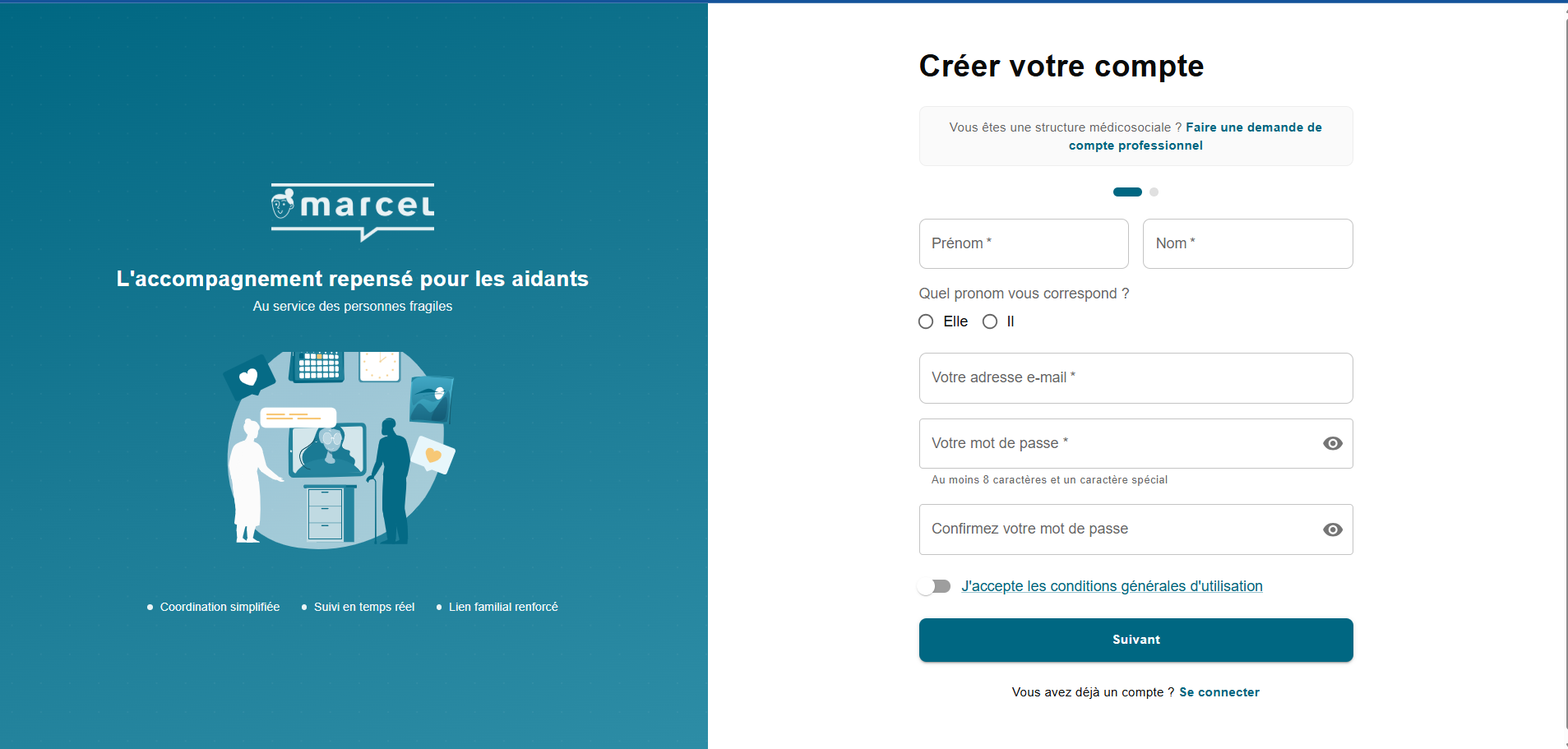 Formulaire création de compte Marcel étape 1