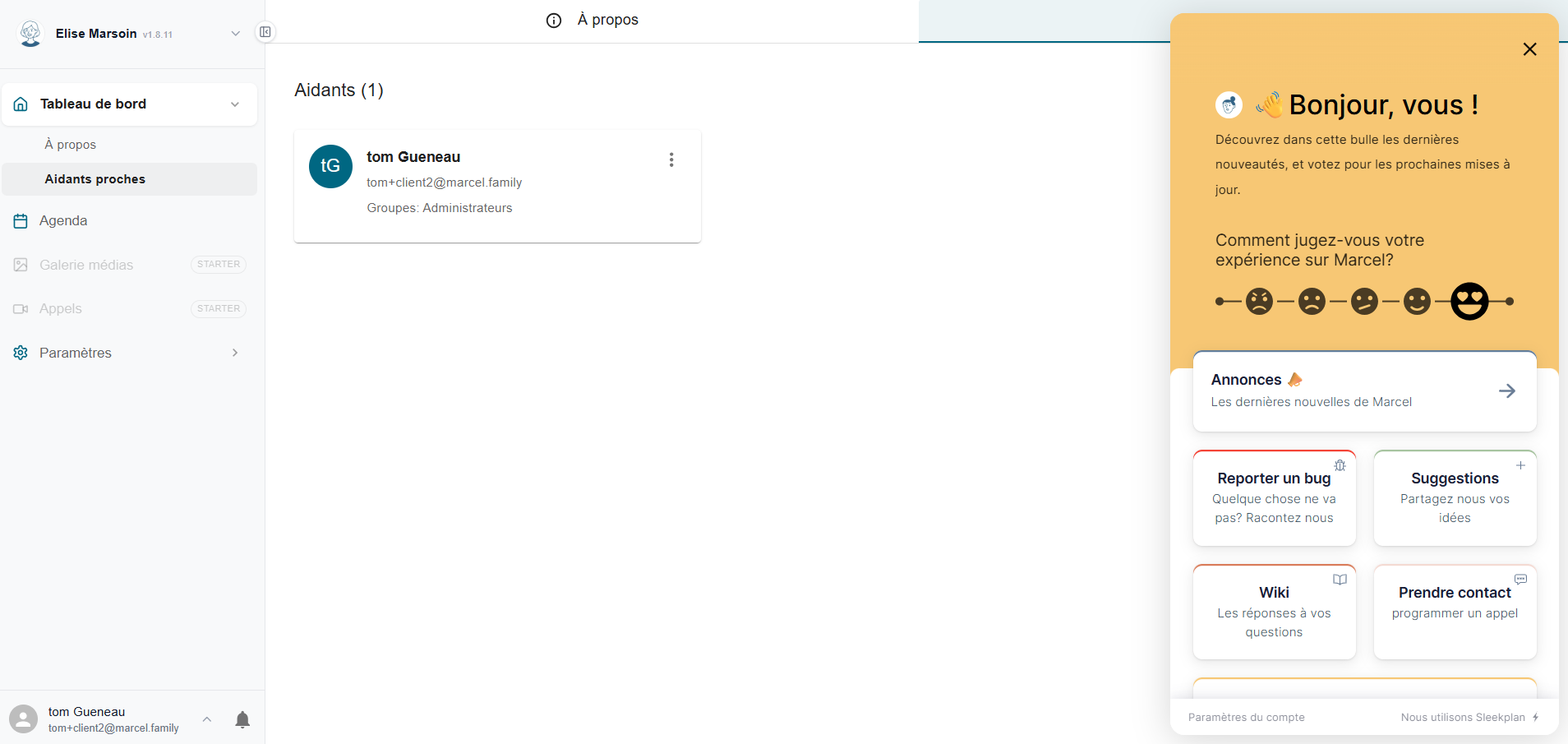 Bulle support Marcel avec options d'aide