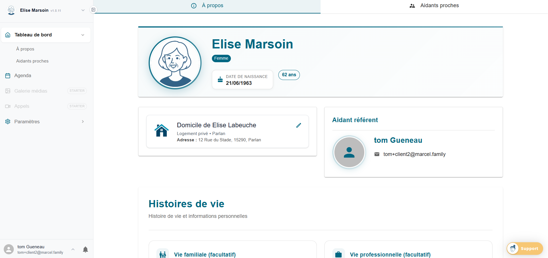 Tableau de bord Marcel - fiche À propos du proche