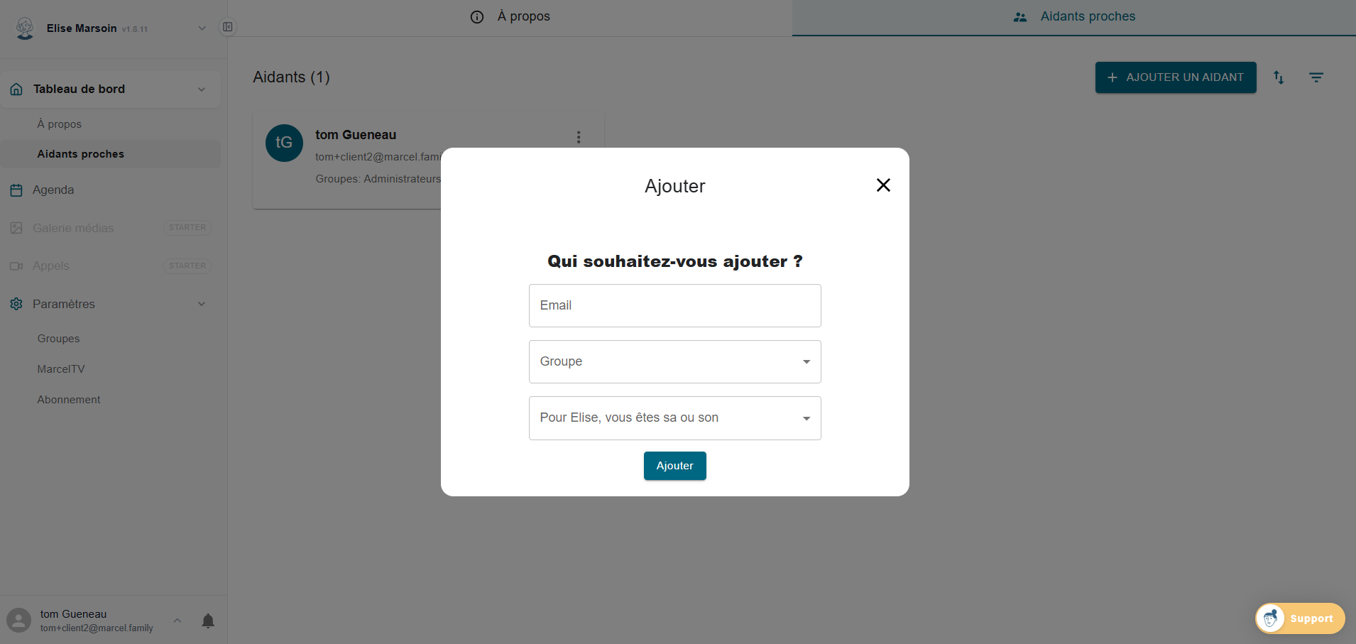Fenêtre d'ajout d'un aidant dans Marcel