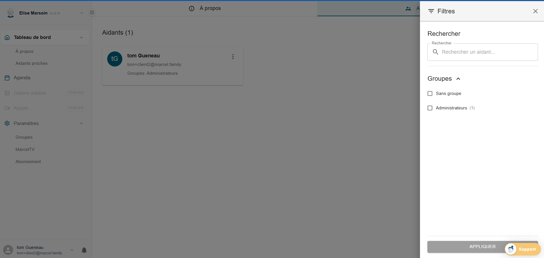 Panneau de filtres des aidants proches Marcel