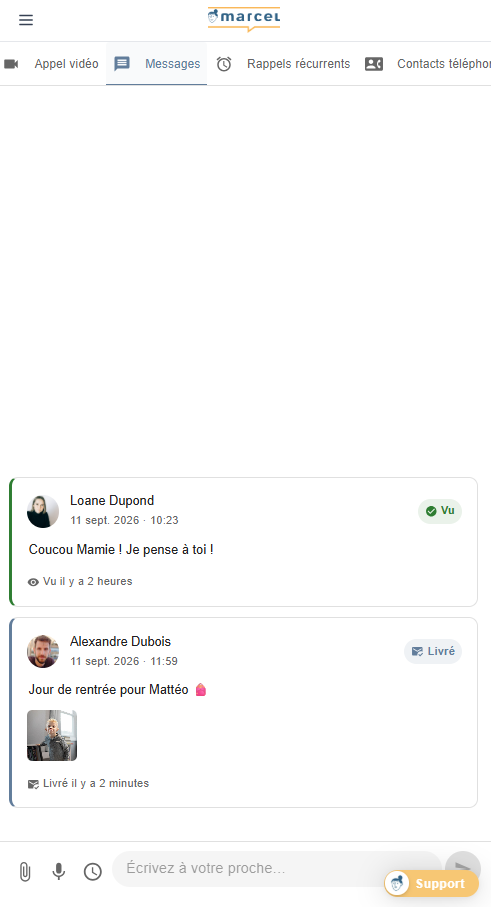 La composition d’un message dans l’application Marcel, avec les options vocale et photo
