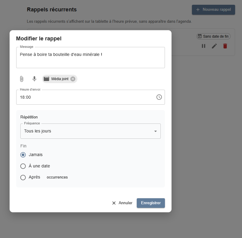 Le réglage d’un message récurrent dans l’application Marcel