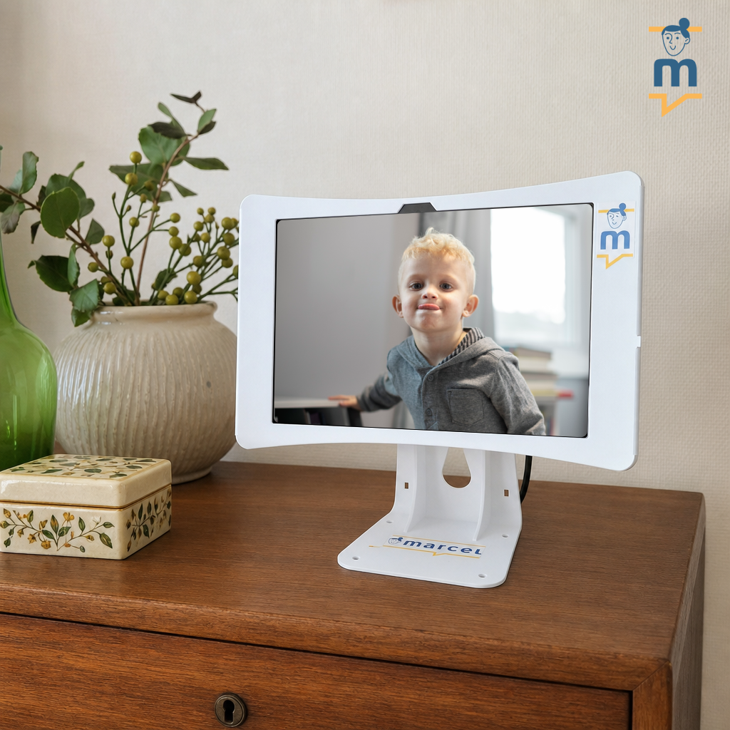 La tablette Marcel Tab posée sur un meuble, écran allumé