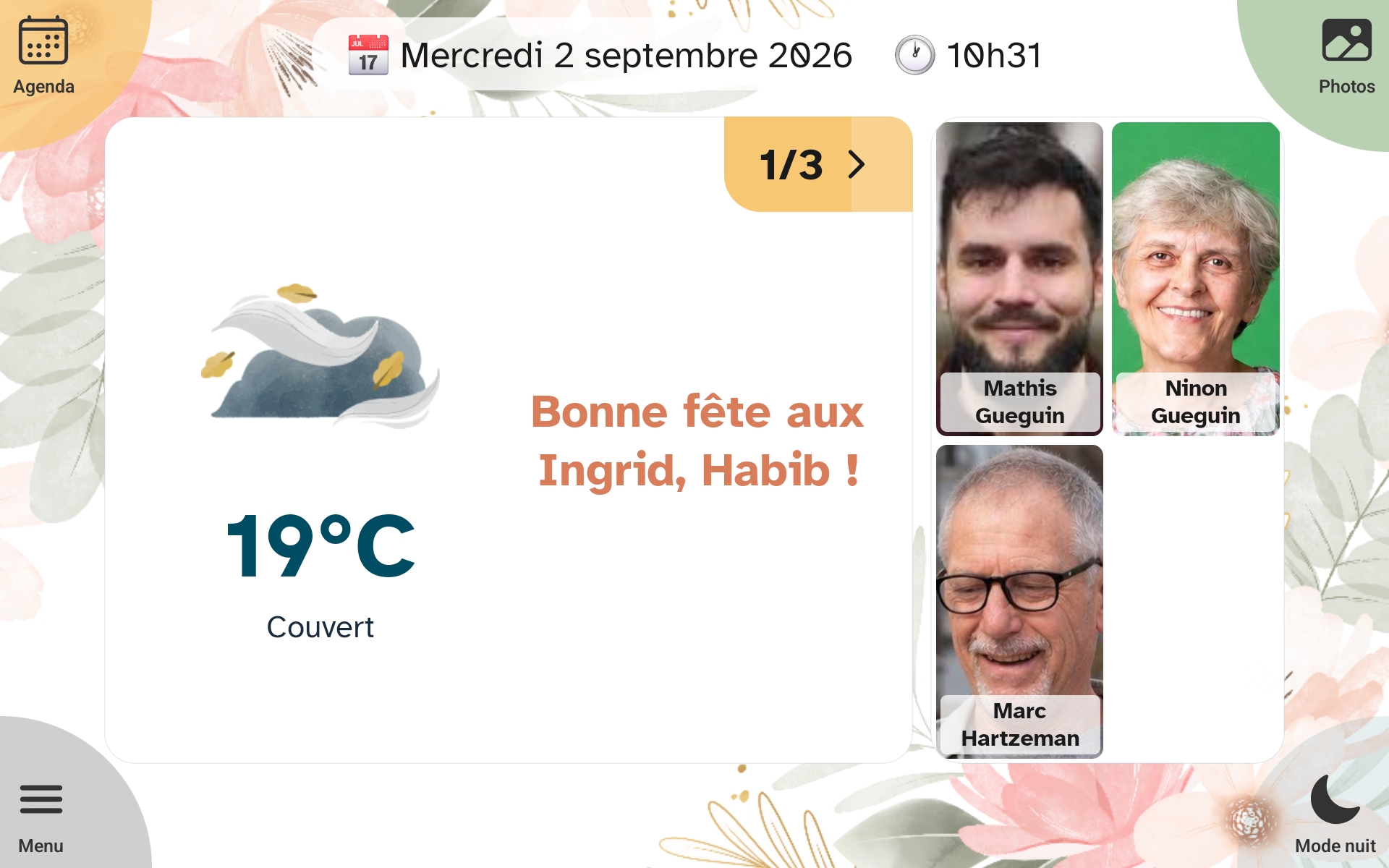 L’écran d’accueil de la tablette Marcel avec quatre contacts en grandes photos