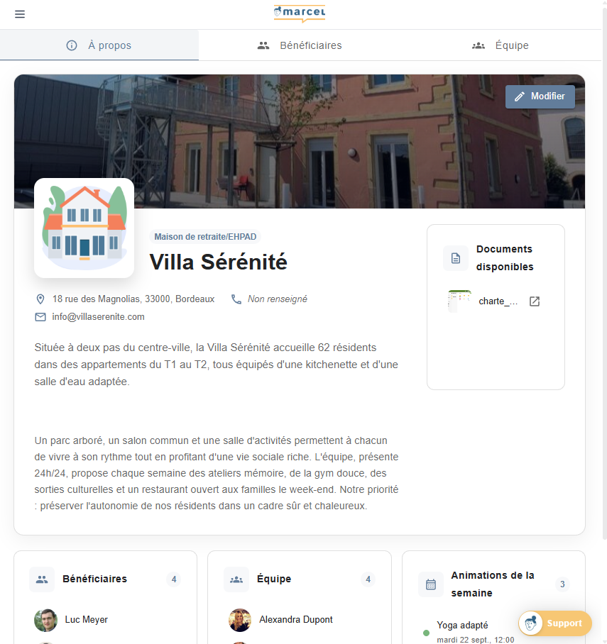 La page d'accueil d'un établissement sur Marcel